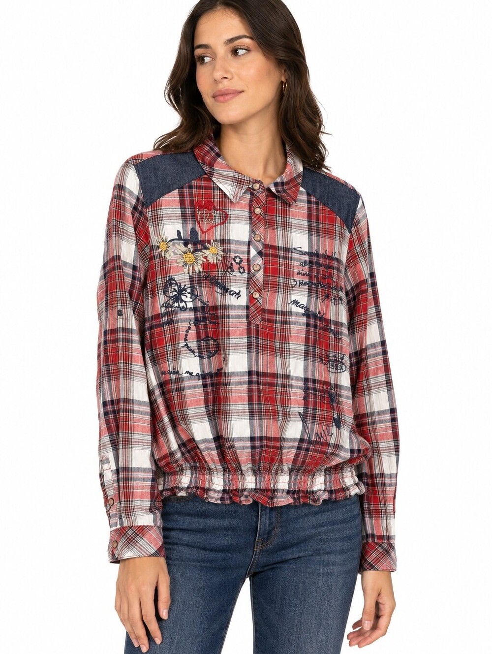 Desigual Women’s Plaid Embroidered Long Sleeve Shirt Red Navy Ruffle Hem - L